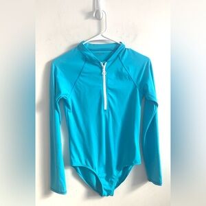 Lands’ End Long Sleeve Size 16 Rash Guard One Piece Swimsuit Zip Front Blue